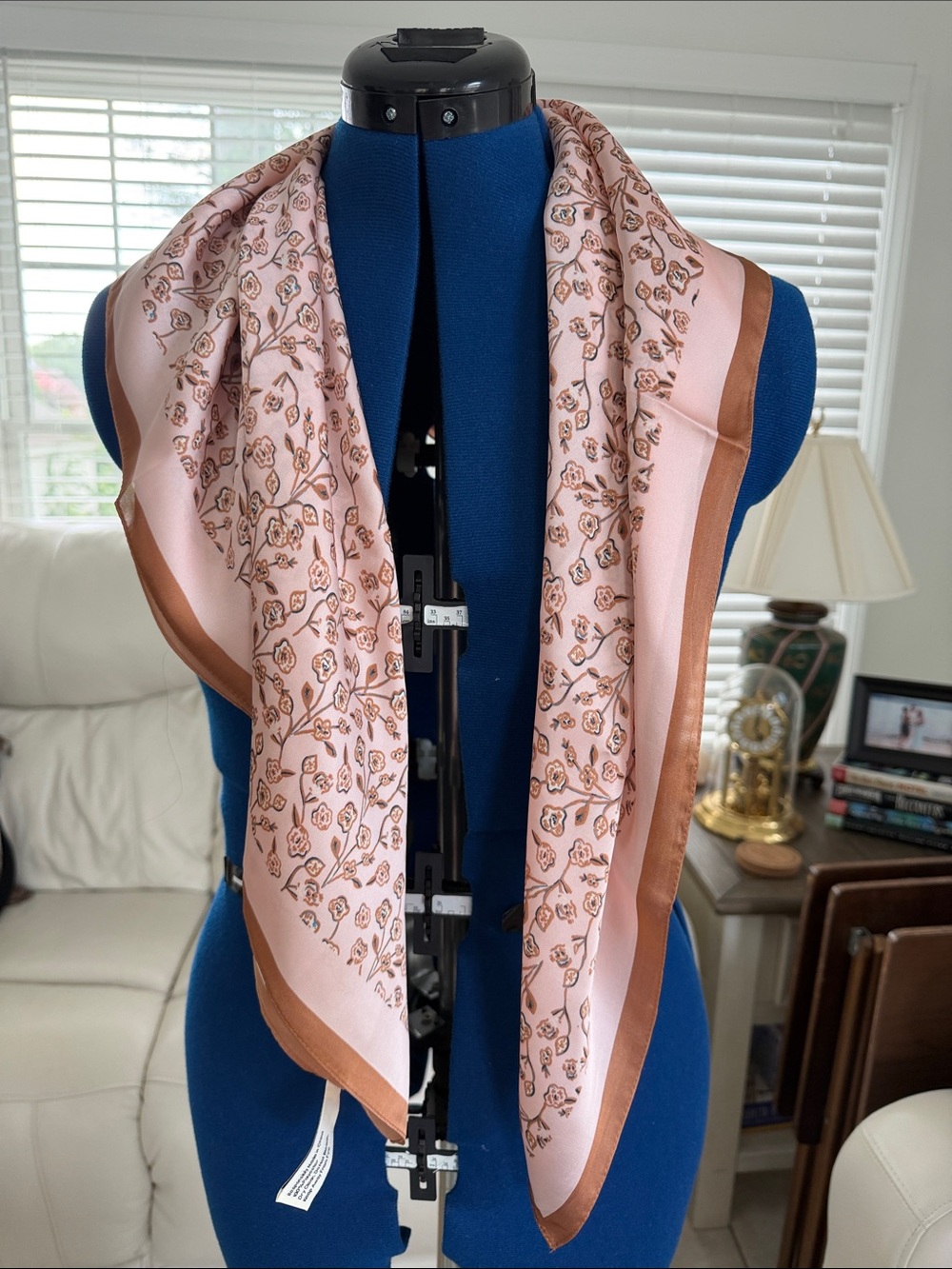 Cleobella pink and tan floral 32” square scarf with tan trim, never used